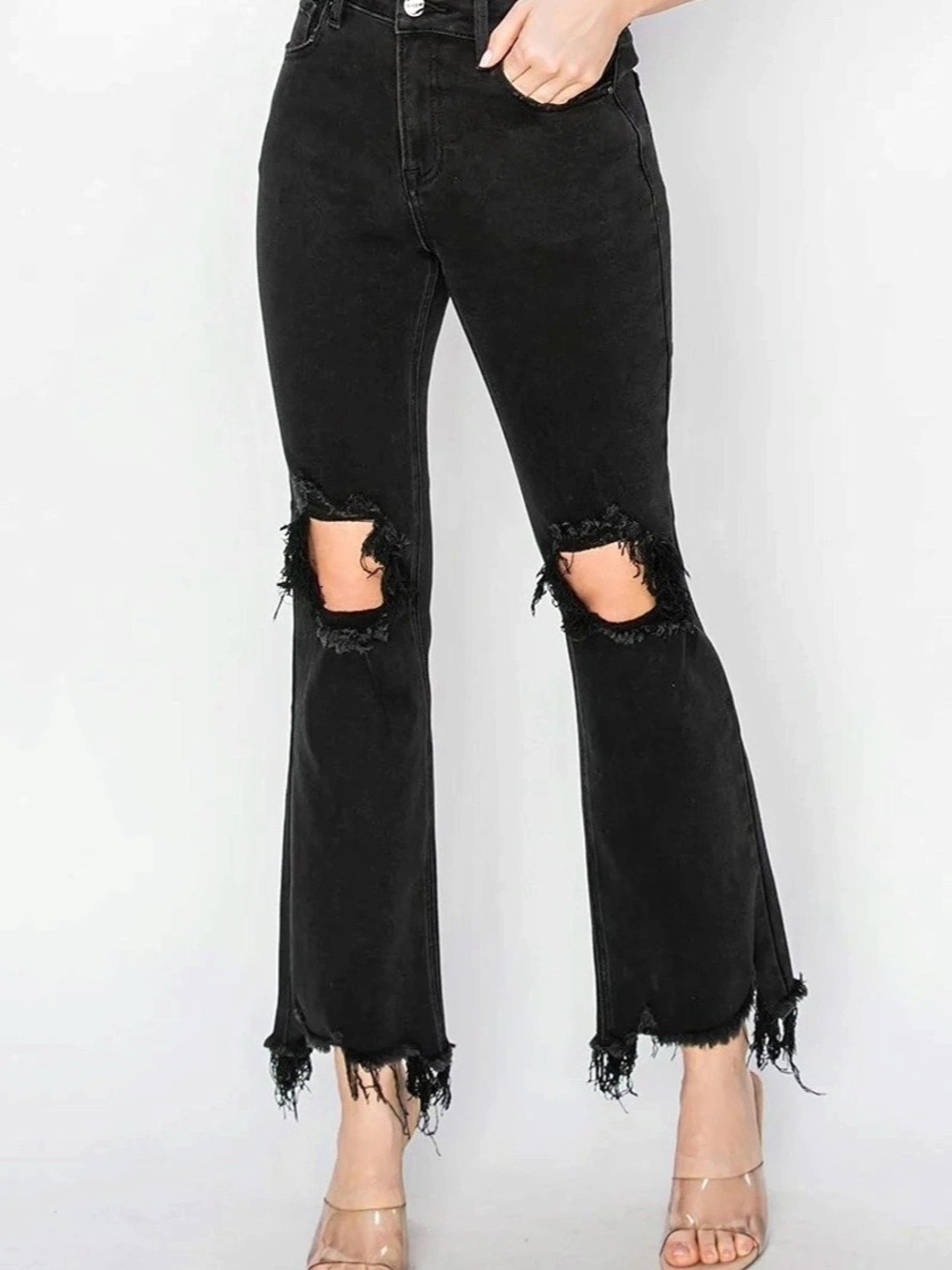 Risen grunge Black Distressed casual Straight Leg Raw Hem Jeans 9/29